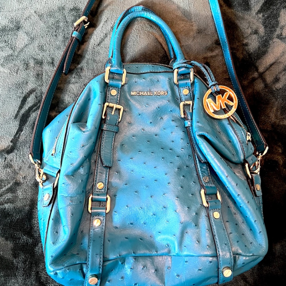 Michael Kors Bedford Bowler Bag- Teal Ostrich Quill